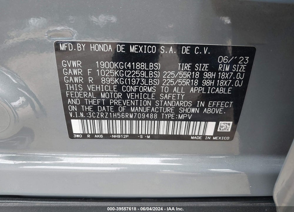 2024 HONDA HR-V 2WD SPORT/2WD SPORT W/O BSI VIN: 3CZRZ1H56RM709488