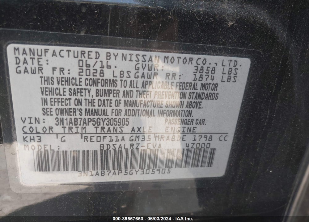 2016 NISSAN SENTRA SR VIN: 3N1AB7AP5GY305905