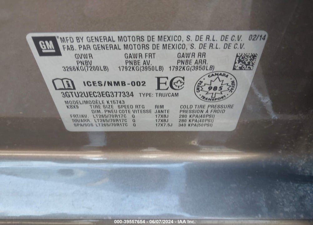 2014 GMC SIERRA 1500 SLE VIN: 3GTU2UEC3EG377334