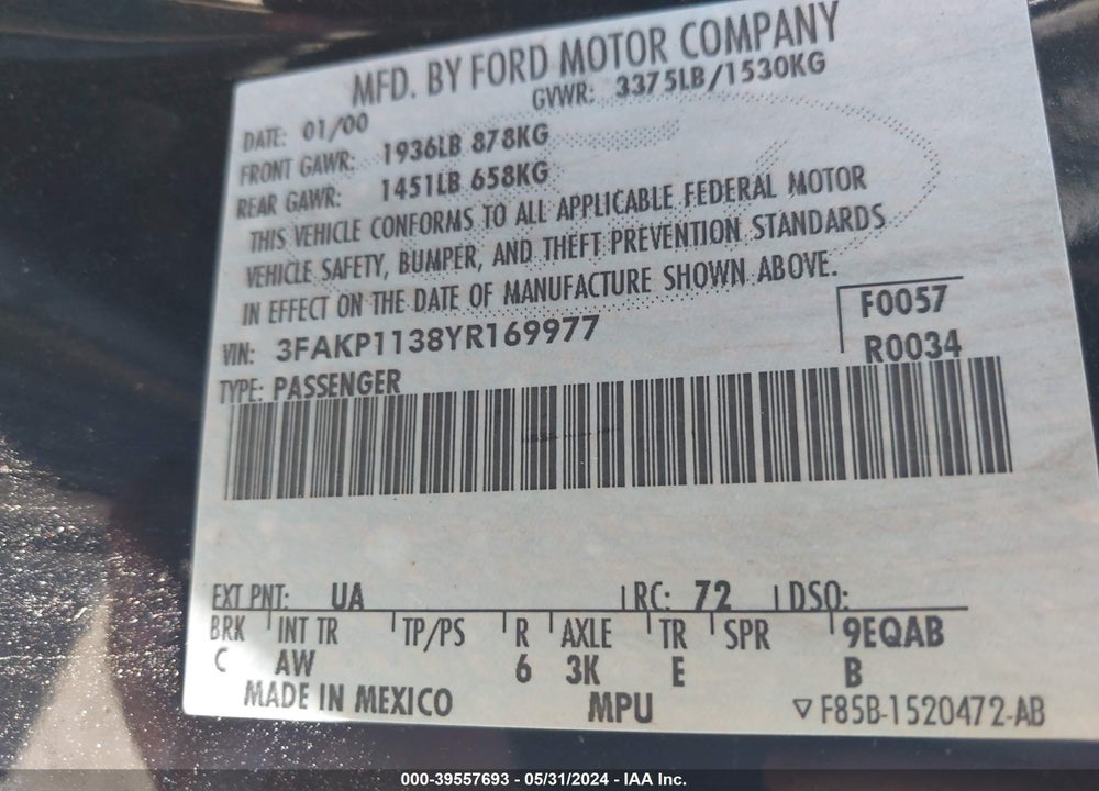2000 FORD ESCORT ZX2 VIN: 3FAKP1138YR169977