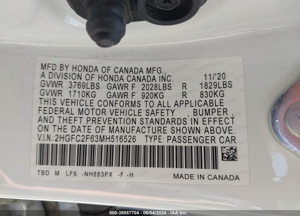 2021 HONDA CIVIC LX VIN: 2HGFC2F63MH516526