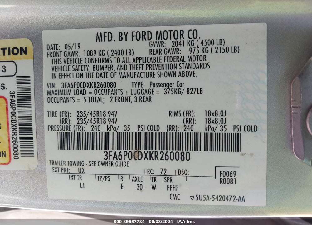 2019 FORD FUSION SEL VIN: 3FA6P0CDXKR260080