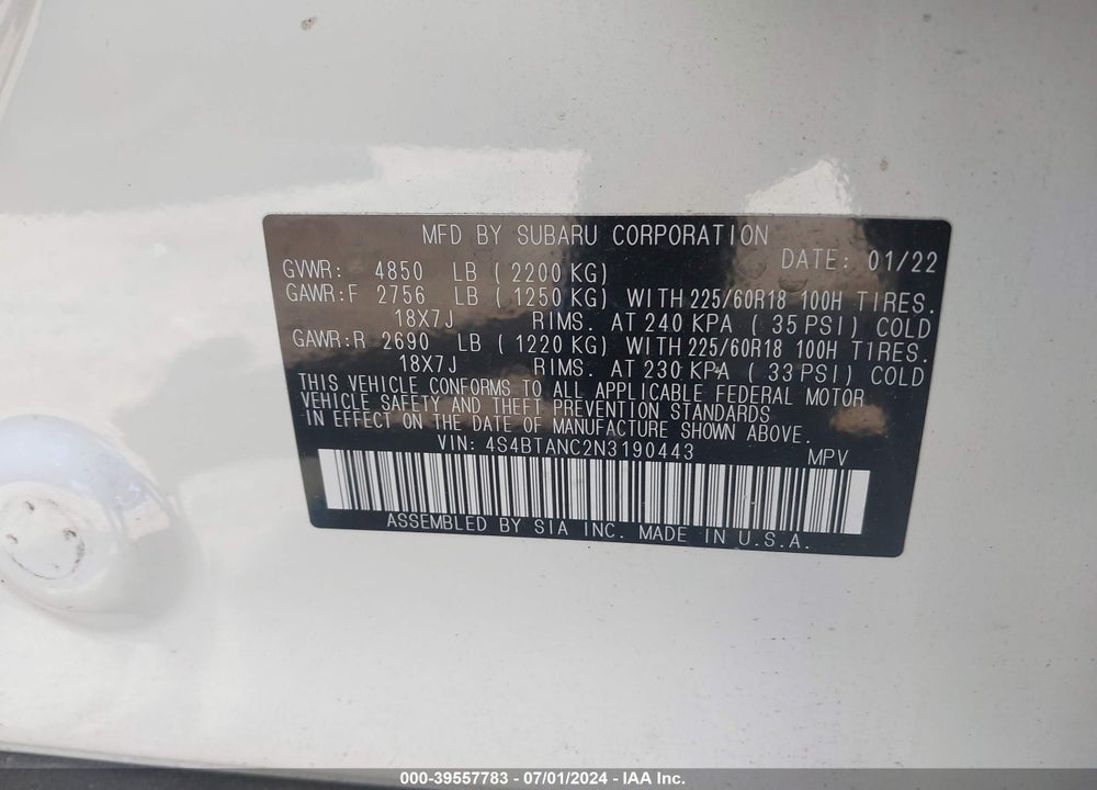2022 SUBARU OUTBACK LIMITED VIN: 4S4BTANC2N3190443
