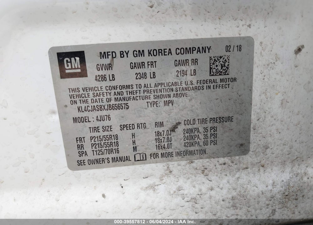 2018 BUICK ENCORE PREFERRED VIN: KL4CJASBXJB656575