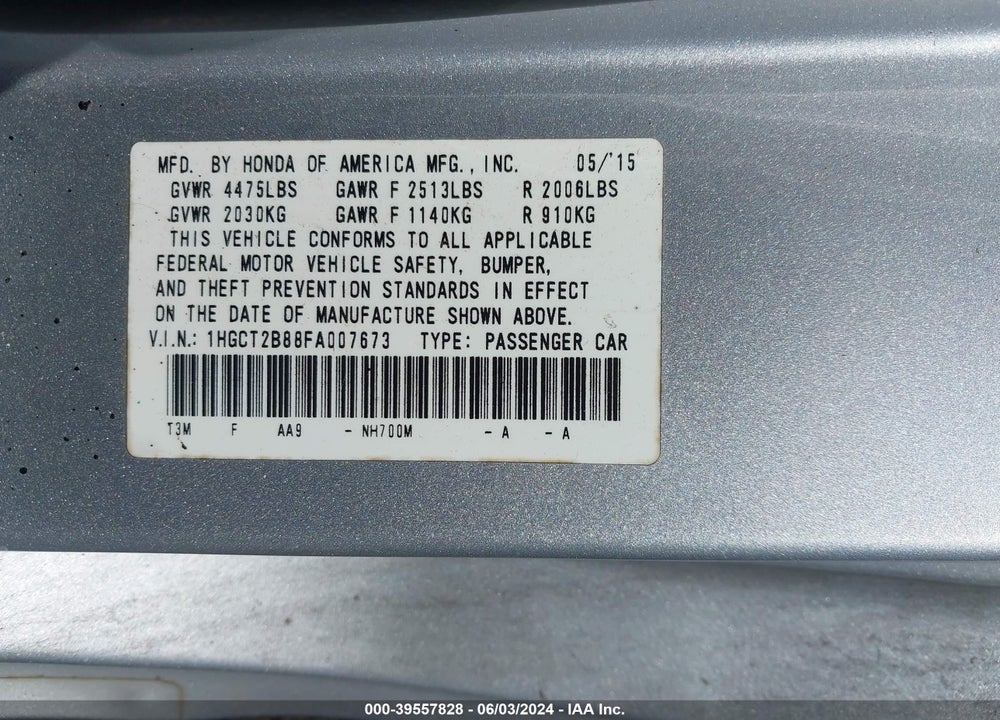 2015 HONDA ACCORD EX-L V-6 VIN: 1HGCT2B88FA007673