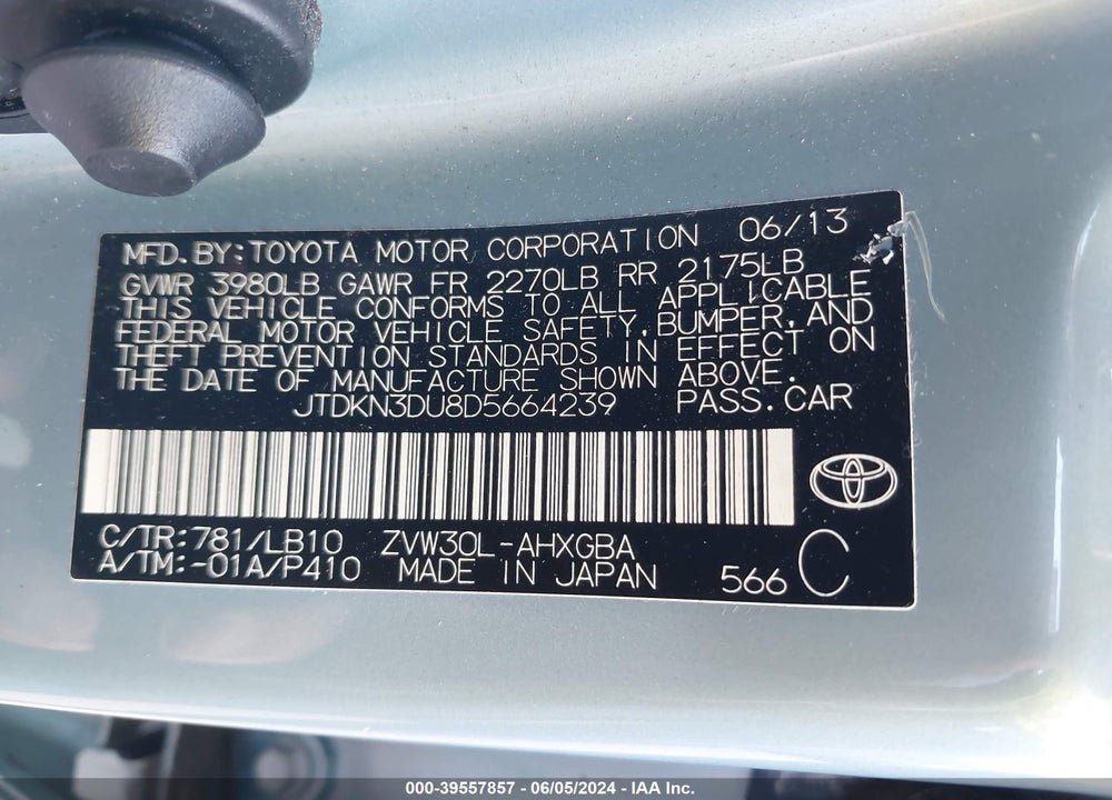 2013 TOYOTA PRIUS FIVE/FOUR/THREE/THREE SE/TWO VIN: JTDKN3DU8D5664239