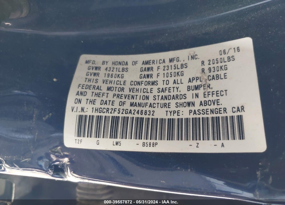 2016 HONDA ACCORD SPORT VIN: 1HGCR2F52GA246832