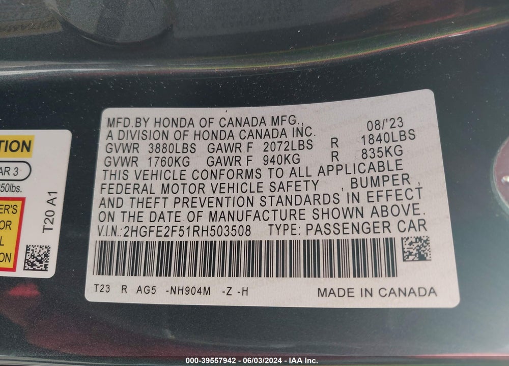 2024 HONDA CIVIC SPORT VIN: 2HGFE2F51RH503508