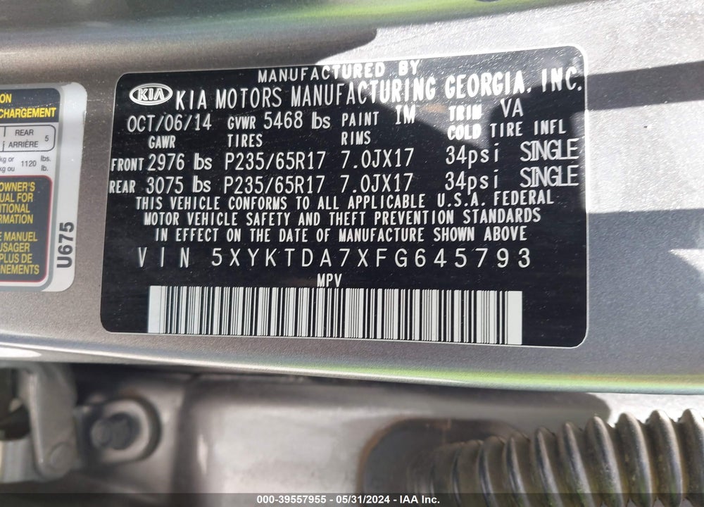 2015 KIA SORENTO LX V6 VIN: 5XYKTDA7XFG645793