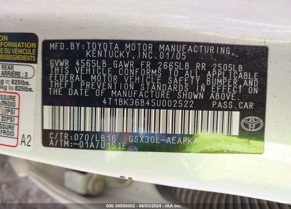 2005 TOYOTA AVALON LIMITED VIN: 4T1BK36B45U002522