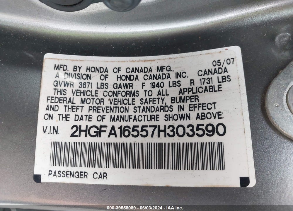 2007 HONDA CIVIC LX VIN: 2HGFA16557H303590