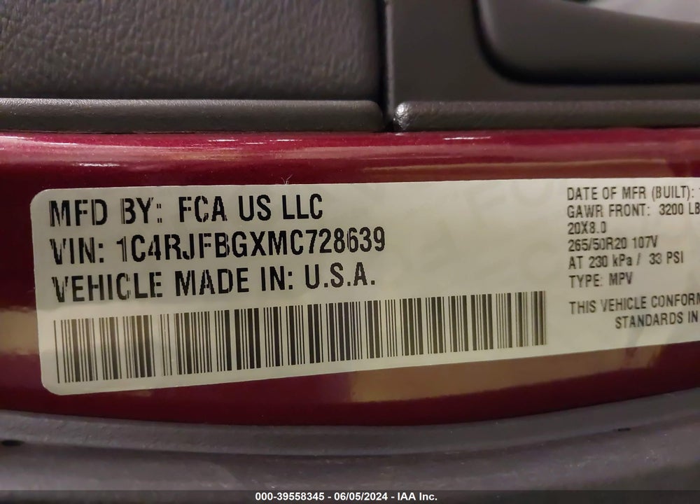 2021 JEEP GRAND CHEROKEE LIMITED X 4X4 VIN: 1C4RJFBGXMC728639