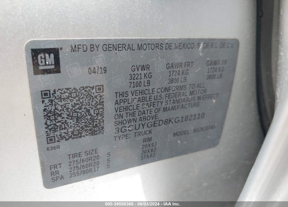 2019 CHEVROLET SILVERADO 1500 LTZ VIN: 3GCUYGED8KG182110