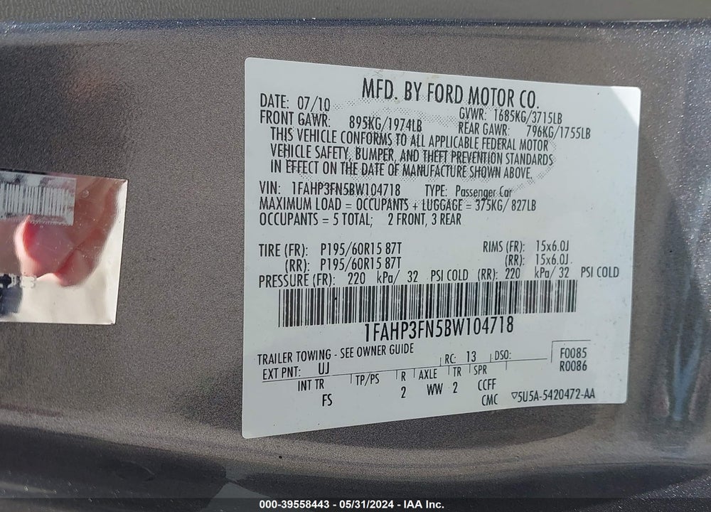 2011 FORD FOCUS SE VIN: 1FAHP3FN5BW104718