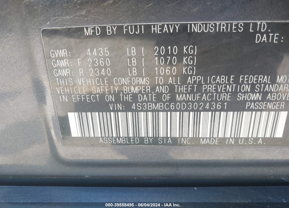 2013 SUBARU LEGACY 2.5I PREMIUM VIN: 4S3BMBC60D3024361