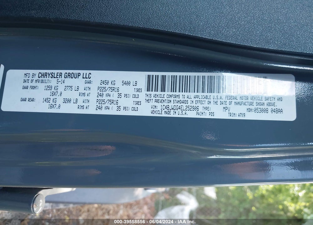 2014 JEEP WRANGLER UNLIMITED SPORT VIN: 1C4BJWDG4EL252906