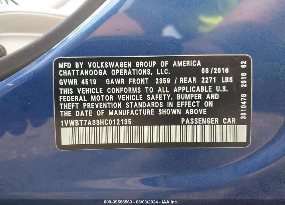 2017 VOLKSWAGEN PASSAT 1.8T SE VIN: 1VWBT7A33HC012135