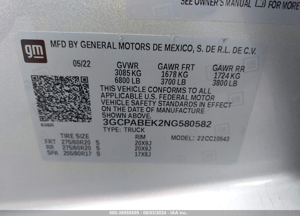 2022 CHEVROLET SILVERADO 1500 2WD SHORT BED CUSTOM VIN: 3GCPABEK2NG580582