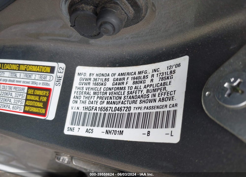 2007 HONDA CIVIC LX VIN: 1HGFA16567L046720
