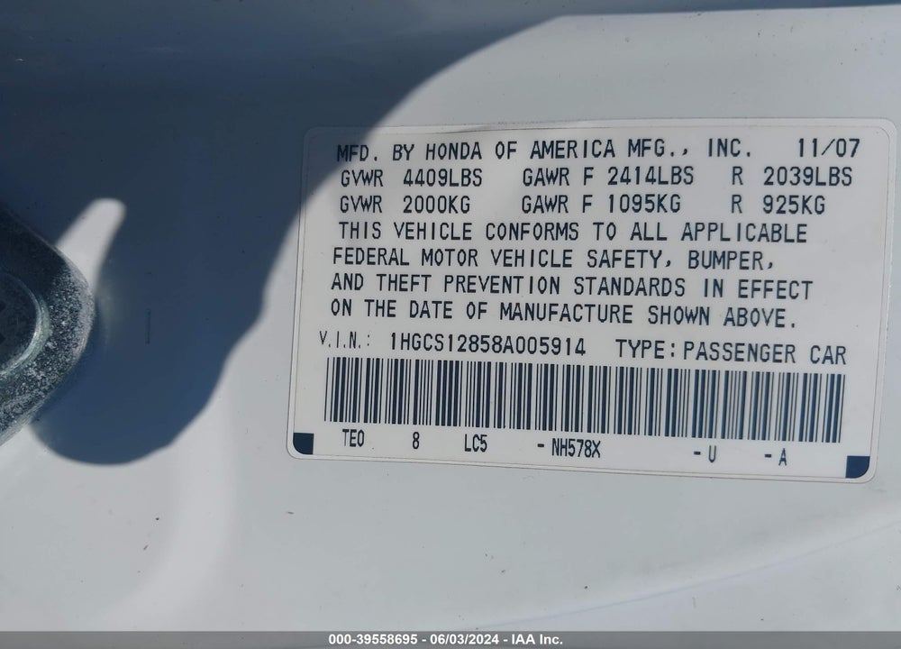 2008 HONDA ACCORD 2.4 EX-L VIN: 1HGCS12858A005914