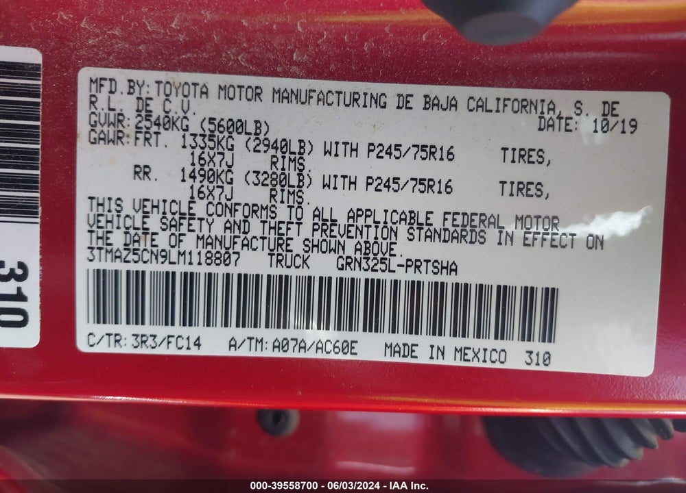 2020 TOYOTA TACOMA VIN: 3TMAZ5CN9LM118807