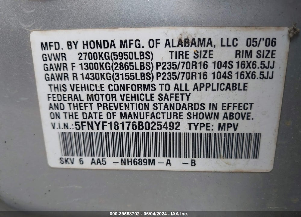 2006 HONDA PILOT LX VIN: 5FNYF18176B025492