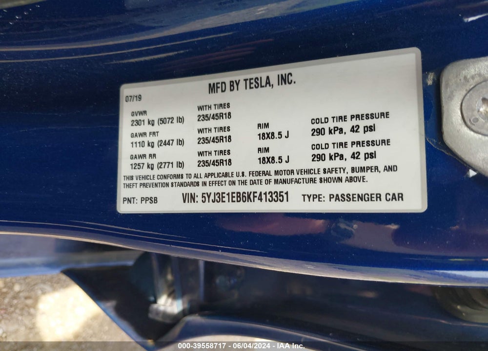 2019 TESLA MODEL 3 LONG RANGE/PERFORMANCE VIN: 5YJ3E1EB6KF413351