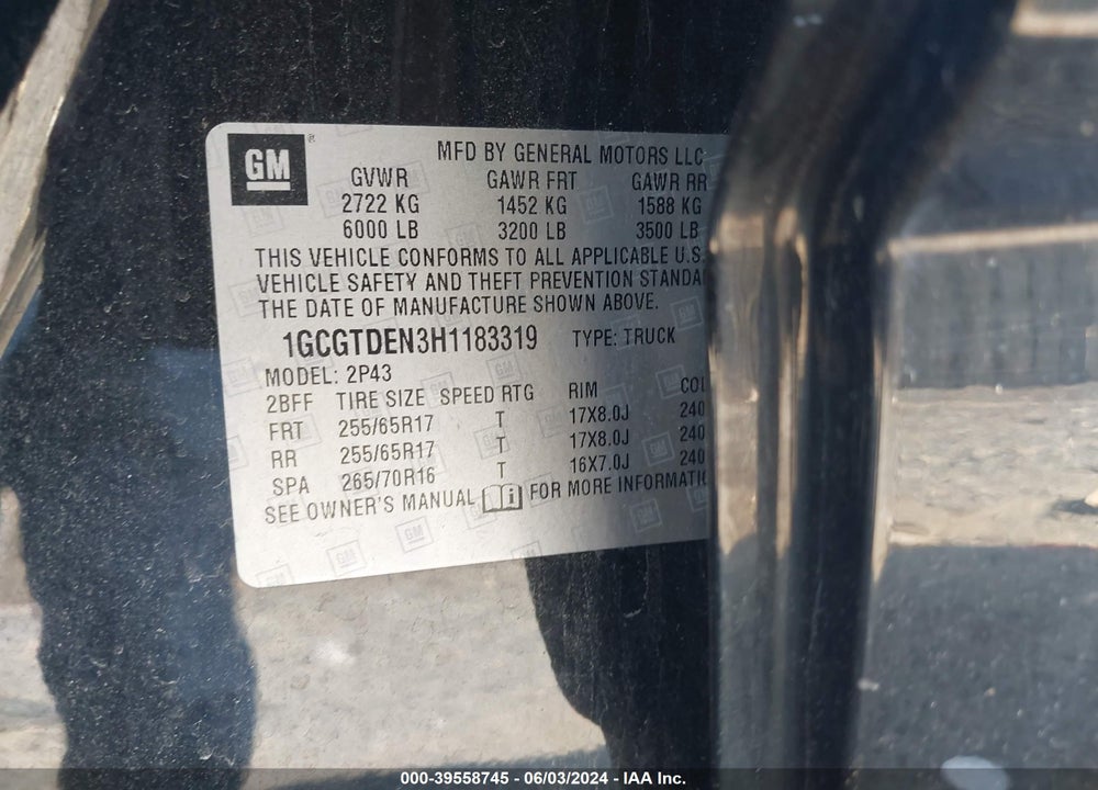2017 CHEVROLET COLORADO VIN: 1GCGTDEN3H1183319