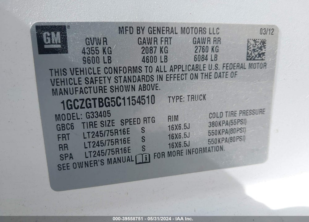 2012 CHEVROLET EXPRESS 3500 WORK VAN VIN: 1GCZGTBG5C1154510
