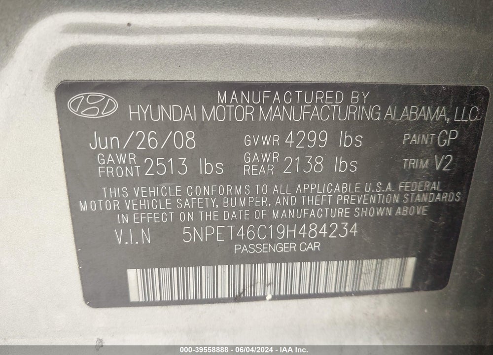 2009 HYUNDAI SONATA GLS VIN: 5NPET46C19H484234