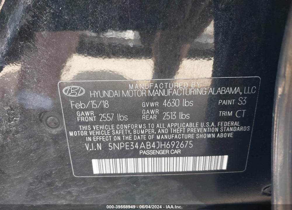 2018 HYUNDAI SONATA SPORT 2.0T VIN: 5NPE34AB4JH692675