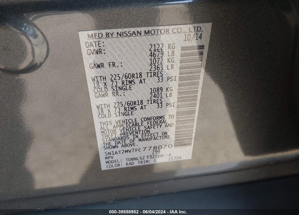 2015 NISSAN ROGUE VIN: 5N1AT2MV7FC778070