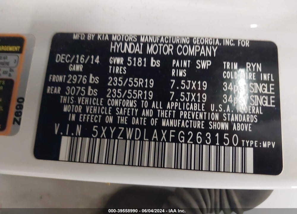 2015 HYUNDAI SANTA FE SPORT 2.0L TURBO VIN: 5XYZWDLAXFG263150