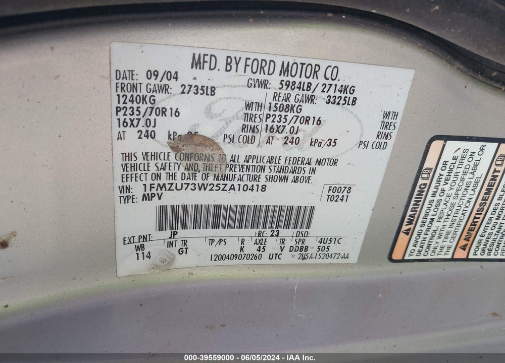 2005 FORD EXPLORER XLT/XLT SPORT VIN: 1FMZU73W25ZA10418