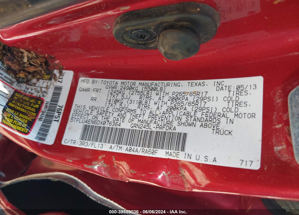 2013 TOYOTA TACOMA BASE V6 VIN: 5TFLU4EN6DX076364