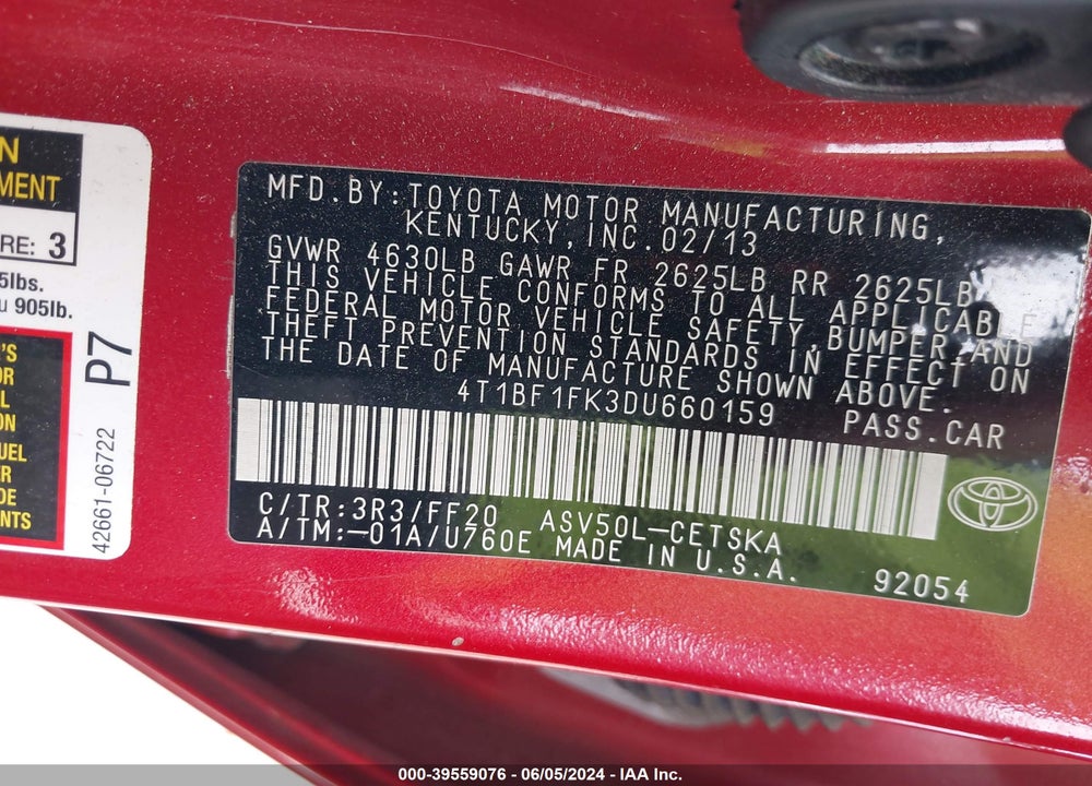 2013 TOYOTA CAMRY SE VIN: 4T1BF1FK3DU660159