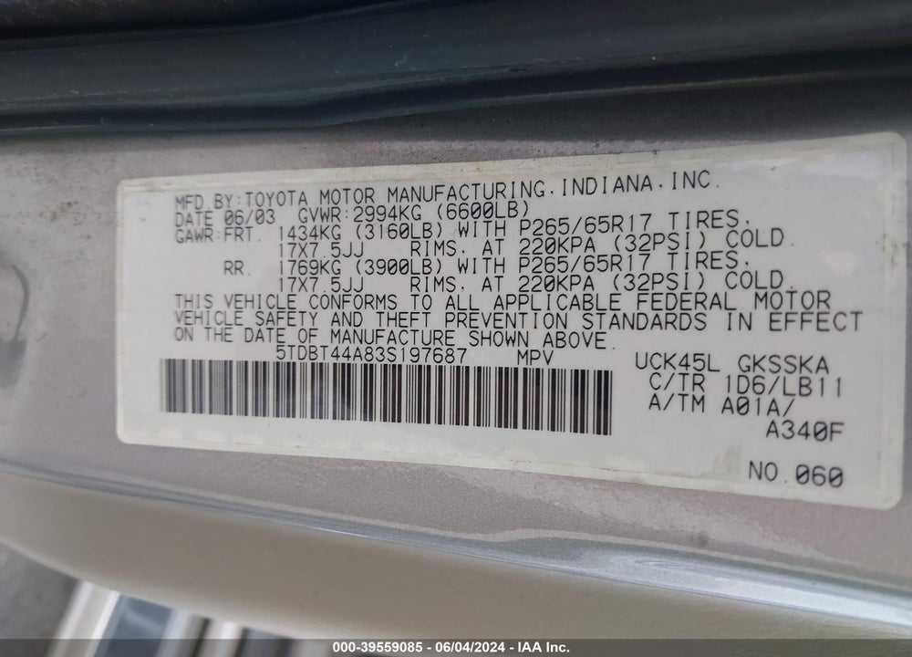 2003 TOYOTA SEQUOIA SR5 V8 VIN: 5TDBT44A83S197687