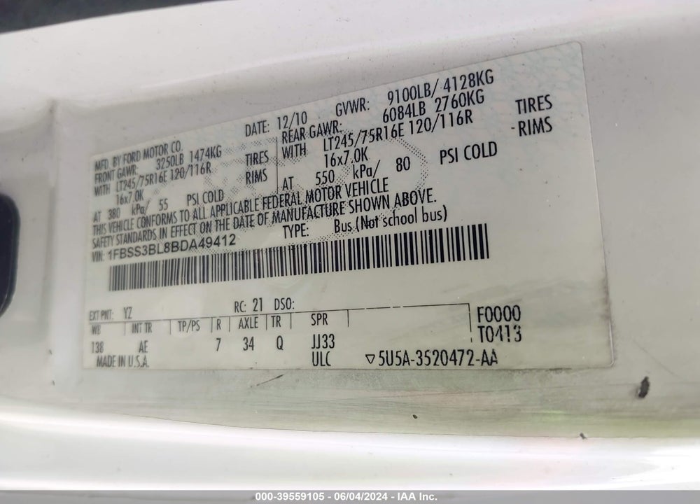 2011 FORD E-350 SUPER DUTY XL VIN: 1FBSS3BL8BDA49412