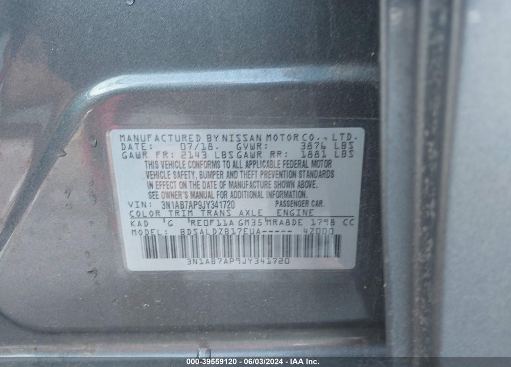 2018 NISSAN SENTRA SV VIN: 3N1AB7AP9JY341720