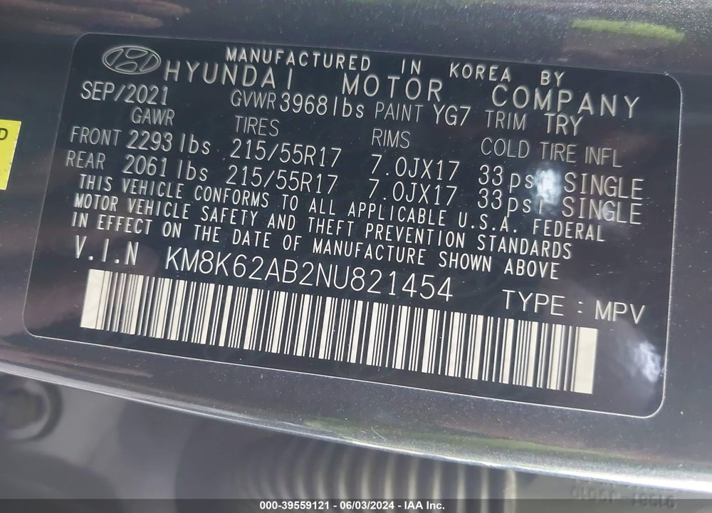 2022 HYUNDAI KONA SEL VIN: KM8K62AB2NU821454