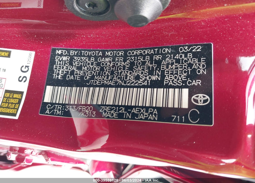 2022 TOYOTA COROLLA LE VIN: JTDEPMAE7NJ222541