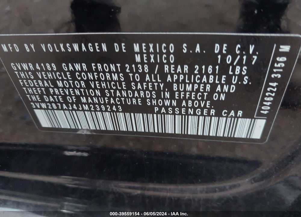 2018 VOLKSWAGEN JETTA 1.4T S VIN: 3VW2B7AJ4JM239243