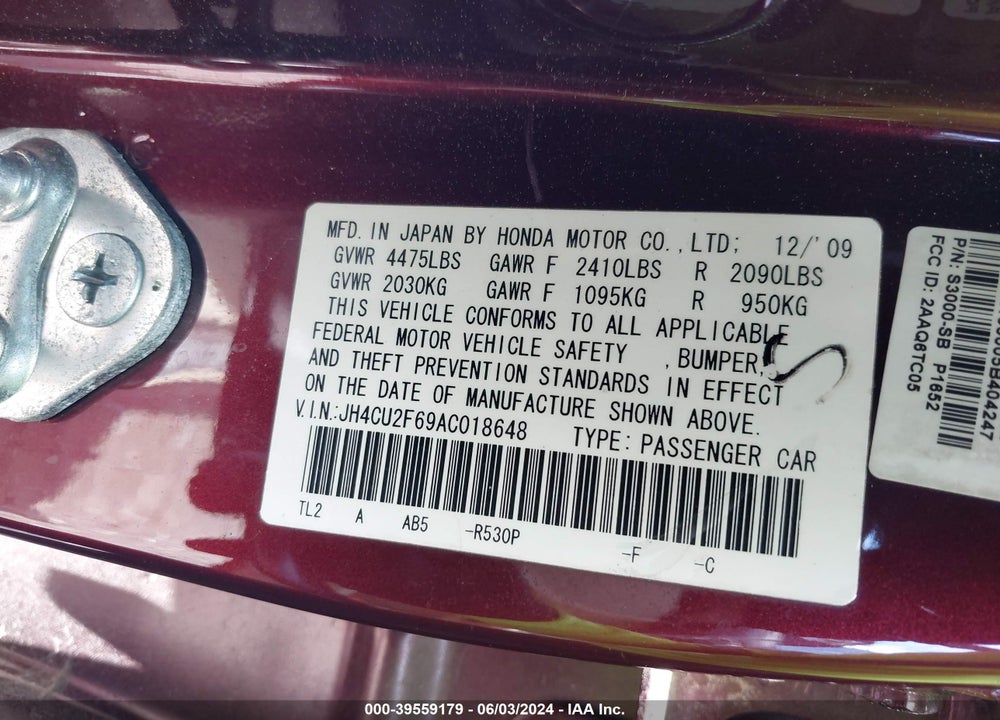 2010 ACURA TSX 2.4 VIN: JH4CU2F69AC018648