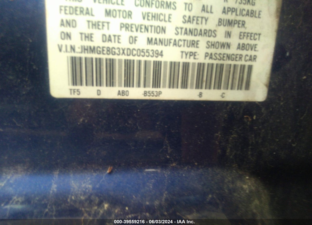 2013 HONDA FIT VIN: JHMGE8G3XDC055394
