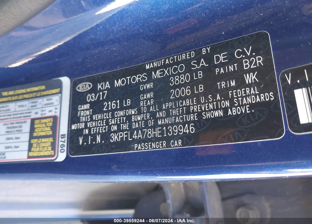 2017 KIA FORTE LX VIN: 3KPFL4A78HE139946