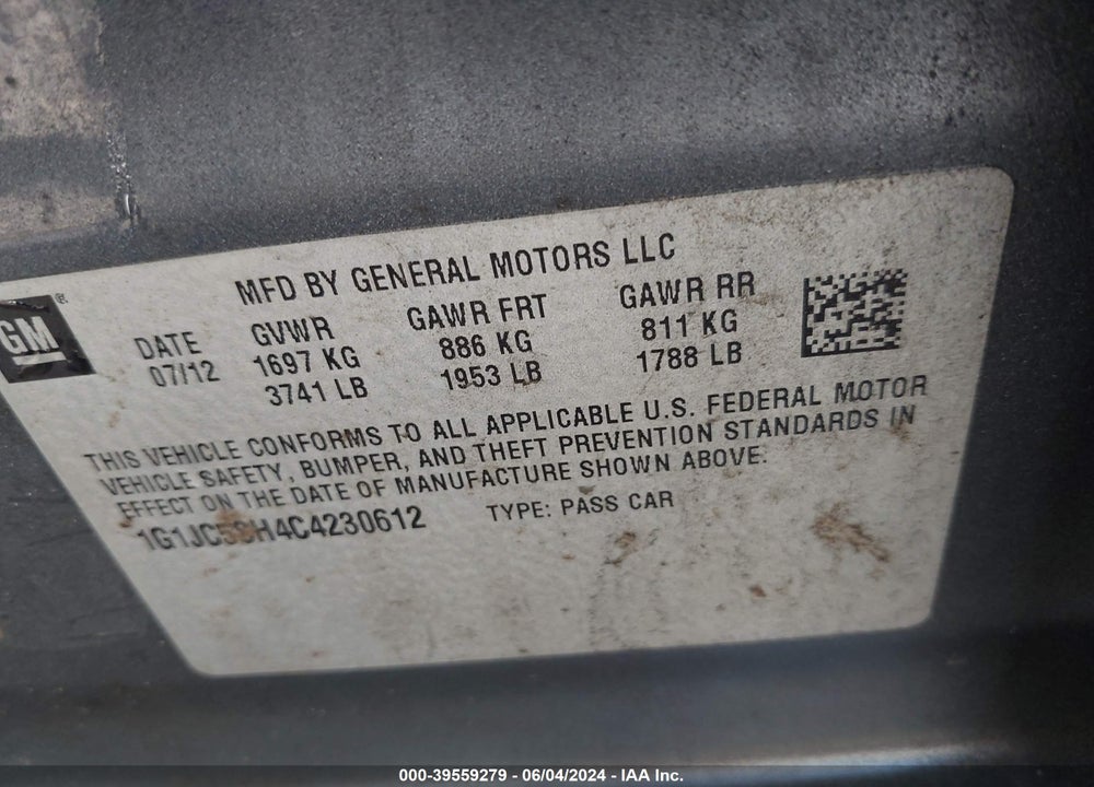 2012 CHEVROLET SONIC 2LT VIN: 1G1JC5SH4C4230612