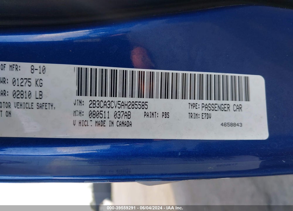 2010 DODGE CHARGER SXT VIN: 2B3CA3CV5AH285585