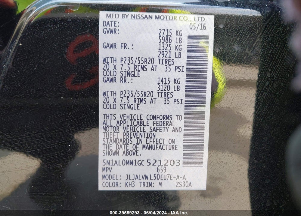 2016 INFINITI QX60 VIN: 5N1AL0MN1GC521203