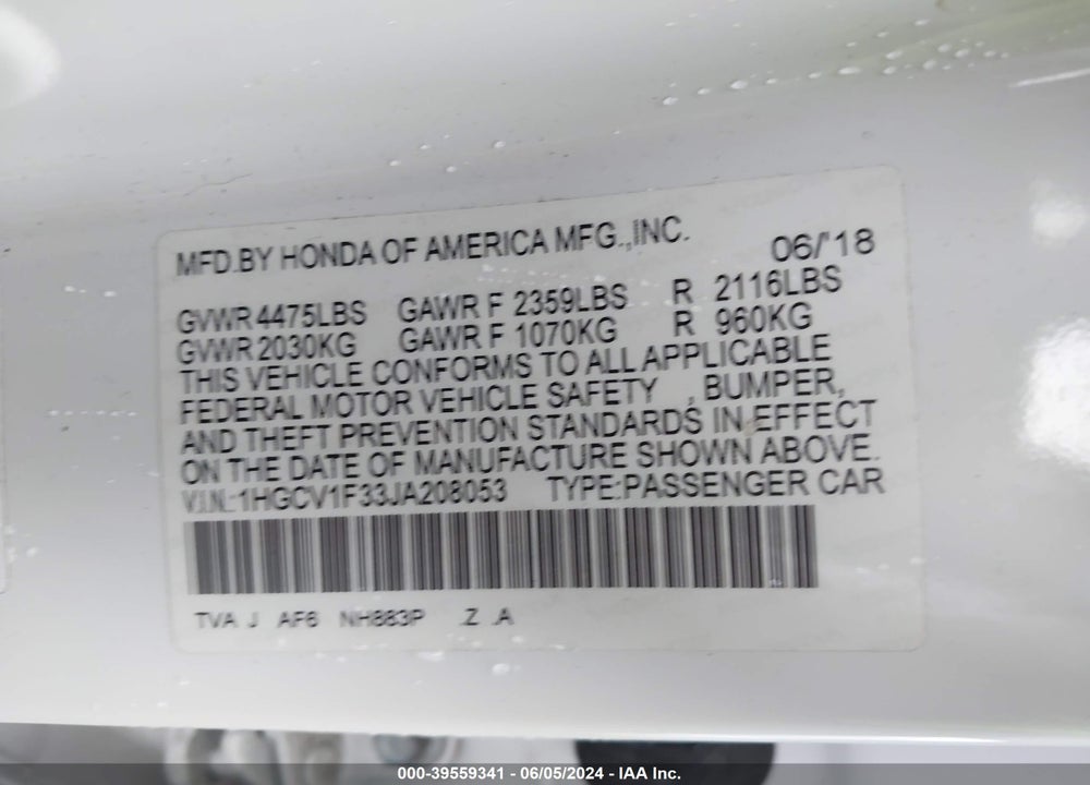2018 HONDA ACCORD VIN: 1HGCV1F33JA208053