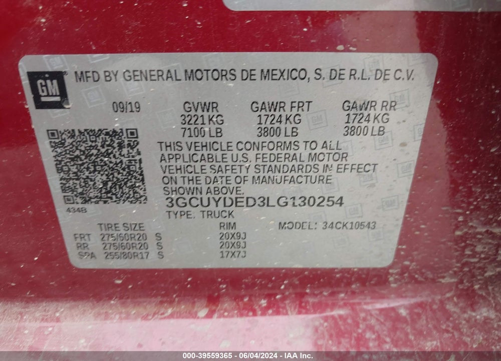 2020 CHEVROLET SILVERADO 1500 4WD SHORT BED LT VIN: 3GCUYDED3LG130254